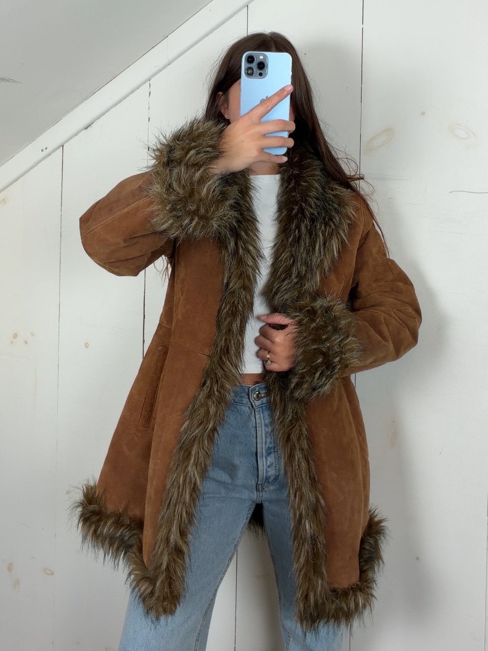 Vintage Wilsons Brown Suede Leather Penny Lane Coat Womens M Fur Trim Mid Length